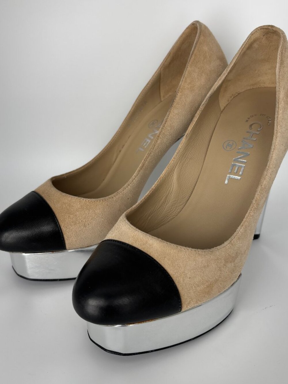 CHANEL Beige Suede & Black Leather Cap Toe Chrome Platform Pumps - 36.5